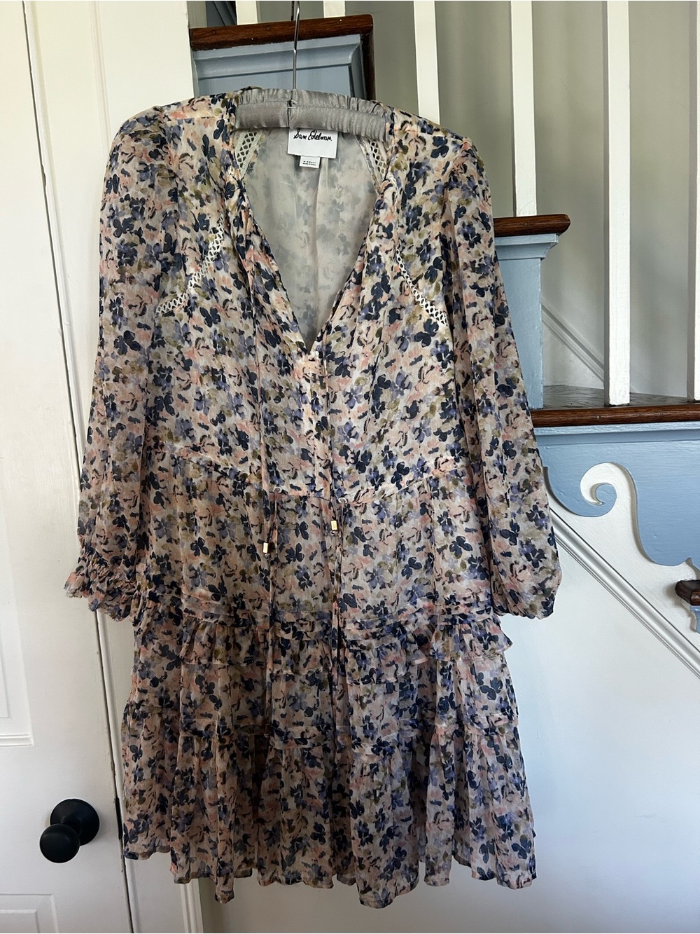 Sam Edelman Floral Tiered Long-Sleeve Dress in Blush Navy